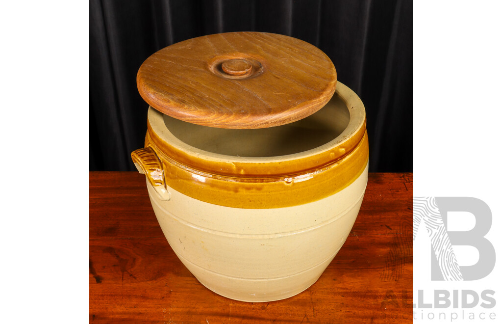 Large Vintage Glazed Ceramic Jar with Turned Timber Lid