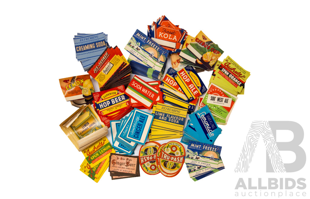 Good Collection of Vintage Australian Bottle Labels Including Jusfrute Carbonated Spun Orange, Spun Lemon, Jus-Squash Grapefruit, Finest Kola, Grenfell Cordials Hop Beer, Clift and Sinclair Mint Freeze Clift, Horitz Tru-Pash and More