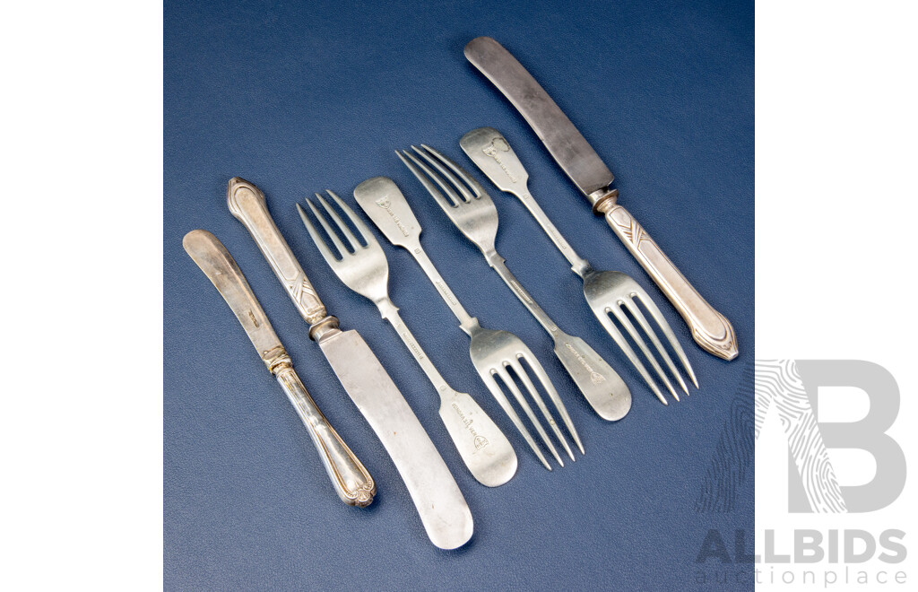 Vintage Silver Butter Knife, Sheffield with Two Silver Plate Knives, Four Walker & Hall Sonora Silver Forks