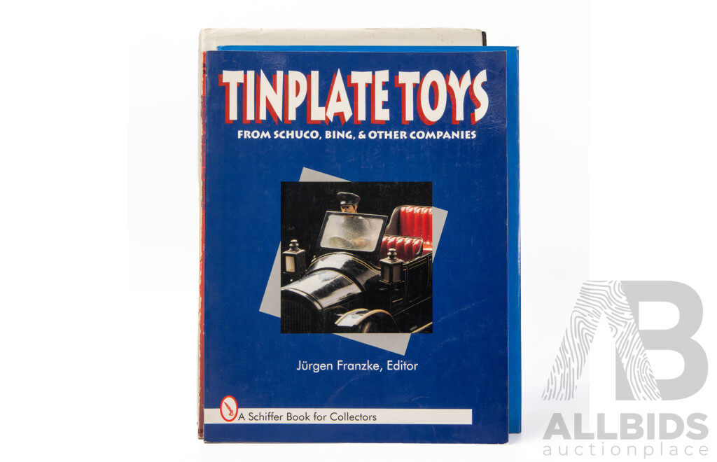 Nine Books Relating to Vintage Toys Including Post War Tin Plate Toys, Tinplate Toys, Motorcycle Toys, Collecting Tin Toys, Collecting Toys, British Tin Toys, Encyclopedia of Metal Toys, Golden Age of Automotive Toys, Automata & Mechanical Toys