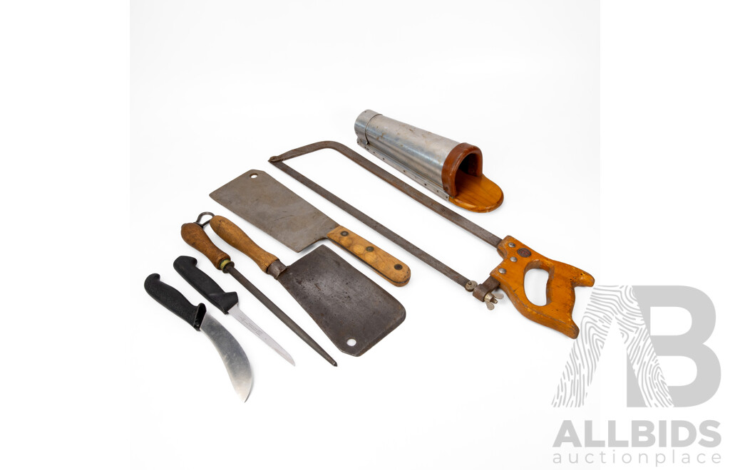 Collection of Vintage Butchers Tools Including Knife Bucket, Henry Boker Meat Saw, Brades and W.Gilpin Wedge-Mills Meat Clevers, Frosts and Mundial Knives, Sharpening Steel