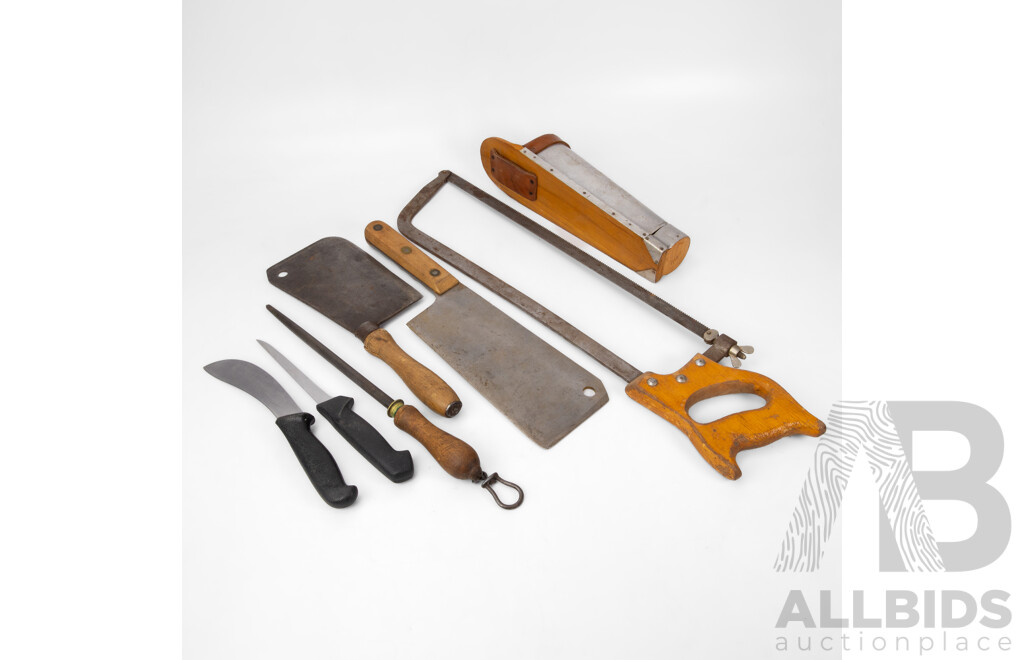 Collection of Vintage Butchers Tools Including Knife Bucket, Henry Boker Meat Saw, Brades and W.Gilpin Wedge-Mills Meat Clevers, Frosts and Mundial Knives, Sharpening Steel