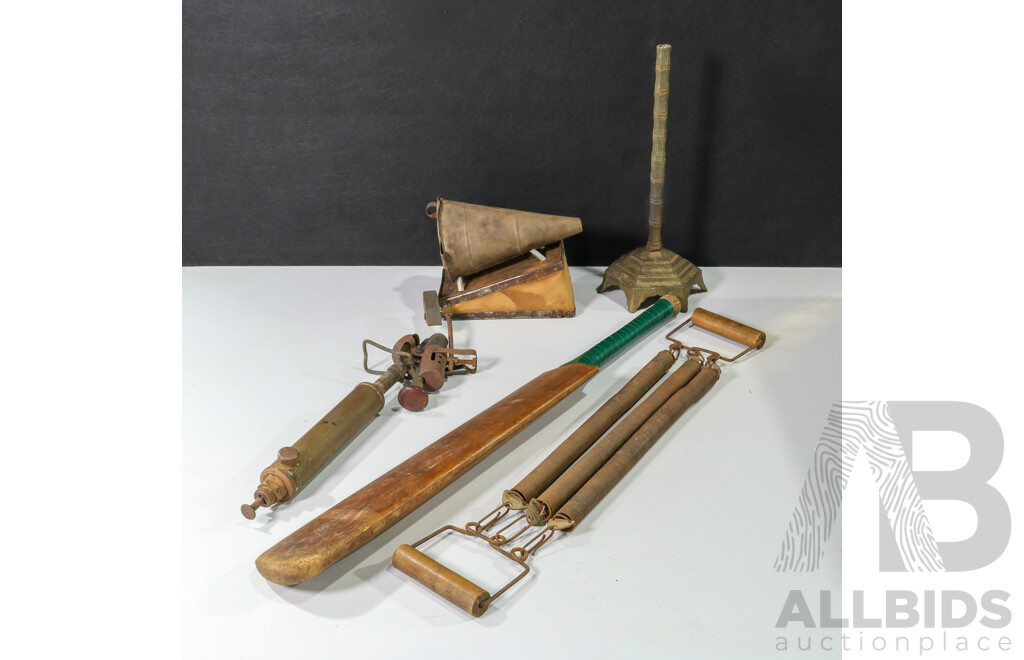 Collection of Vintage Items Including Child's Willow BBL Boundary Cricket Bat, Made in Pakistan, Darlton Brass Soldering Iron, Bee Smoker, Three Spring Chest Exerciser, Asian Cast Metal Stand