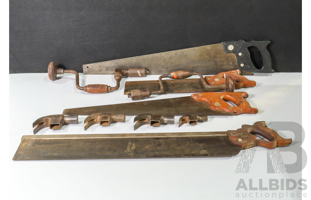 Vintage Wood Working Tools Including Four Diston Hand Saws and Two Hand Crank Drills, Ratcheting Millers Fall USA and Chapman England, Four Hammers, Cyclone Nail Master Australia, Flag Brand Germany, Brades England