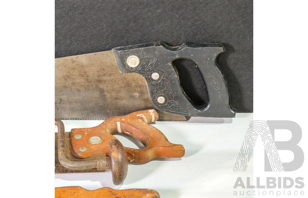 Vintage Wood Working Tools Including Four Diston Hand Saws and Two Hand Crank Drills, Ratcheting Millers Fall USA and Chapman England, Four Hammers, Cyclone Nail Master Australia, Flag Brand Germany, Brades England
