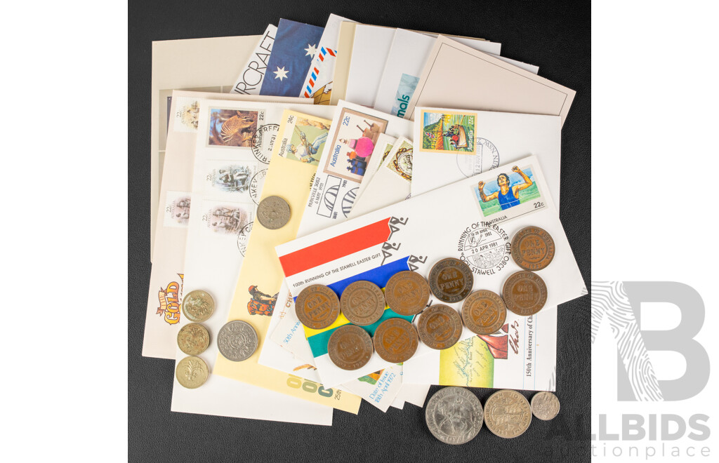 Ten Australian KGV Pennies, 1912, 1919, 1920, 1921, 1922, 1923, 1927 ,1934, 1935, 1936, Australian 1980's Stamp Packs and First Day Cover, Vintage United Kingdom Coins Including 1977 Crown