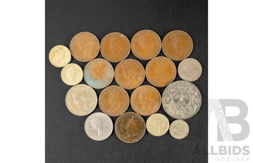 Ten Australian KGV Pennies, 1912, 1919, 1920, 1921, 1922, 1923, 1927 ,1934, 1935, 1936, Australian 1980's Stamp Packs and First Day Cover, Vintage United Kingdom Coins Including 1977 Crown