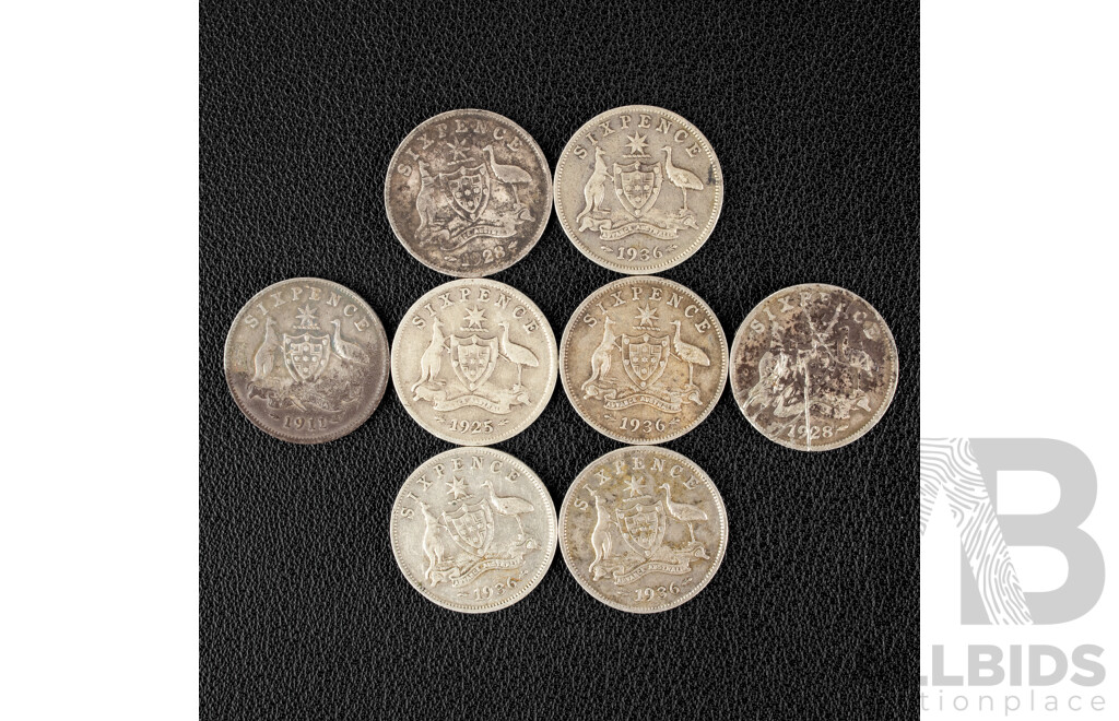 Eight Australian KGV/KEVII Silver Sixpence Including 1911, 1925, 1928(2), 1936(4)  .925
