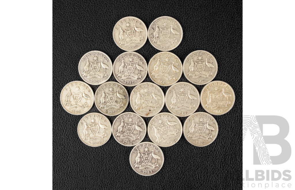 Sixteen Australian KGVI Silver Sixpence Spanning 1942 to 1945 Including Denver and San Fransisco Mints .925