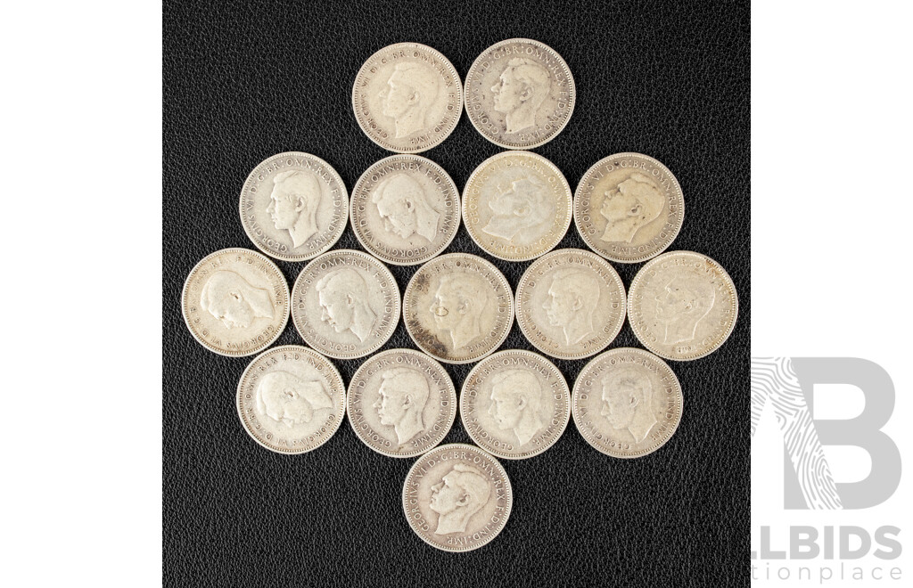 Sixteen Australian KGVI Silver Sixpence Spanning 1942 to 1945 Including Denver and San Fransisco Mints .925