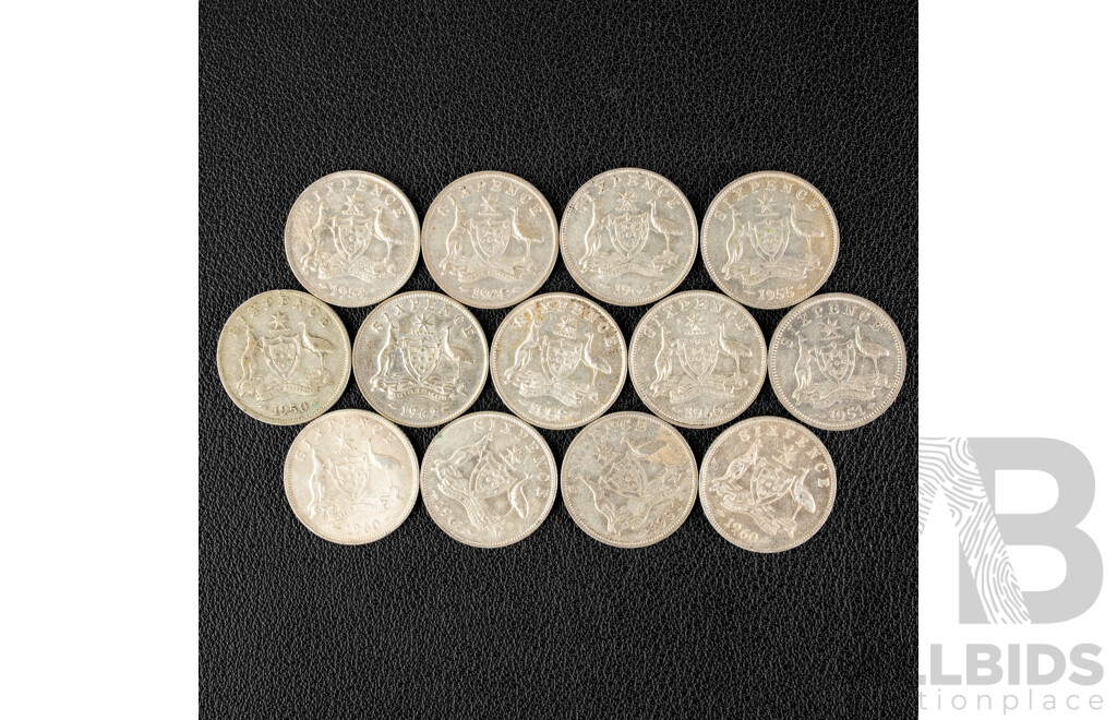 Thirteen Australian KGVI/QE2 Silver Sixpence, Examples Spanning 1948 to 1962 .500
