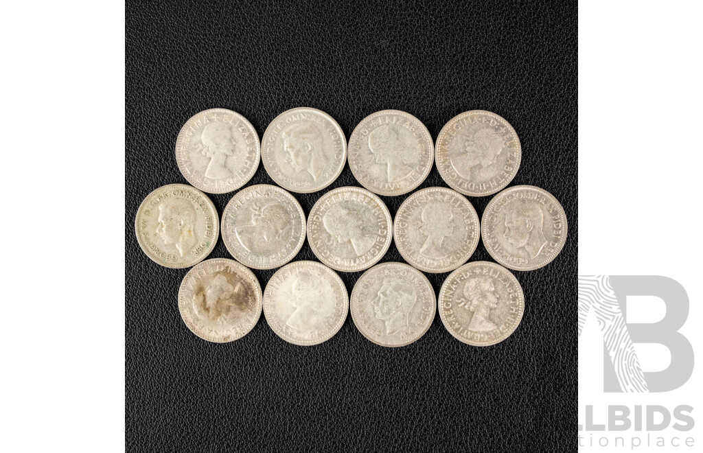 Thirteen Australian KGVI/QE2 Silver Sixpence, Examples Spanning 1948 to 1962 .500