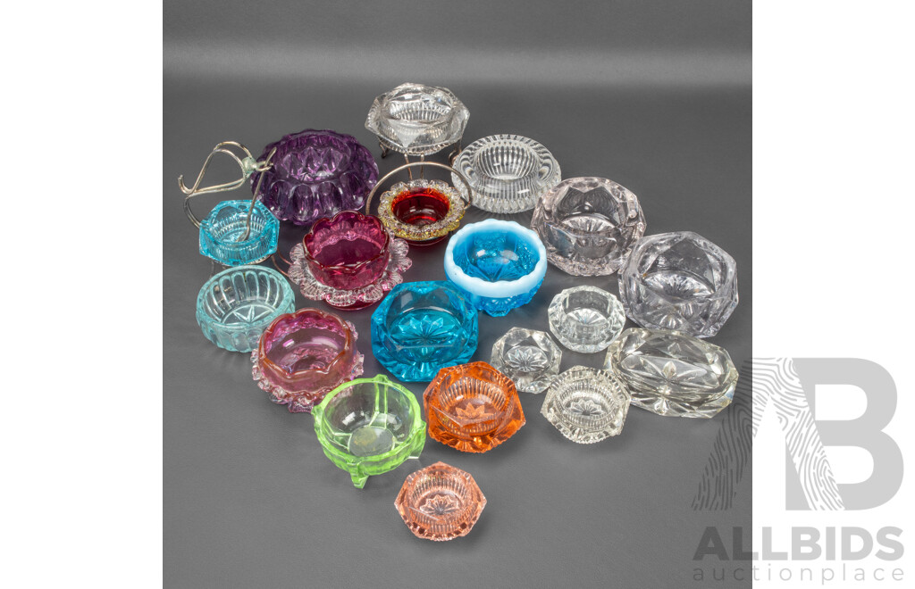 Collection of Antique Glass Salt Pinch Bowls Including Uranium Example, Davidson, Cut Glass, Cranberry Glass