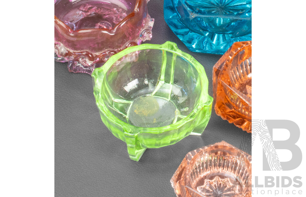 Collection of Antique Glass Salt Pinch Bowls Including Uranium Example, Davidson, Cut Glass, Cranberry Glass