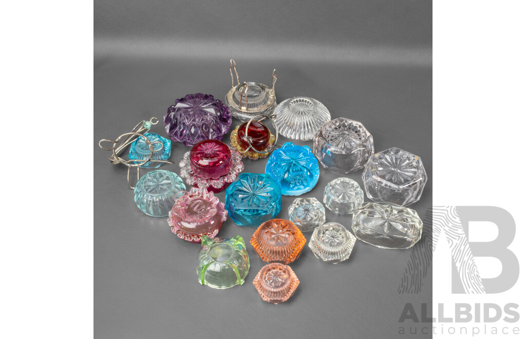 Collection of Antique Glass Salt Pinch Bowls Including Uranium Example, Davidson, Cut Glass, Cranberry Glass