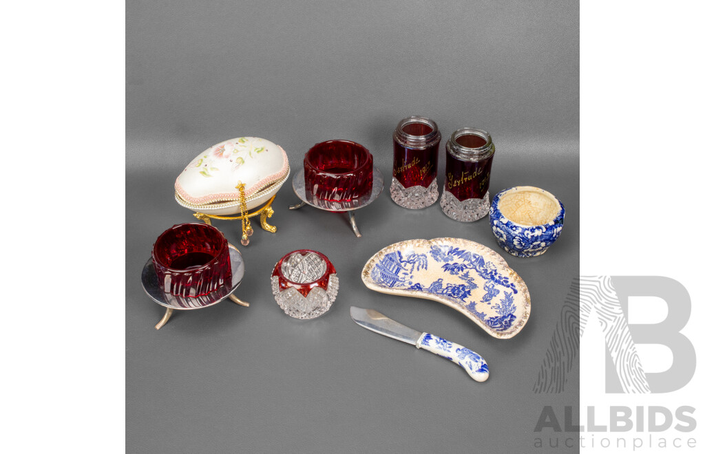 Collection of Antique Ruby Glass Condiment Holders with Japanese Dish, Knife, Bowl and Goose Egg Trinket Box