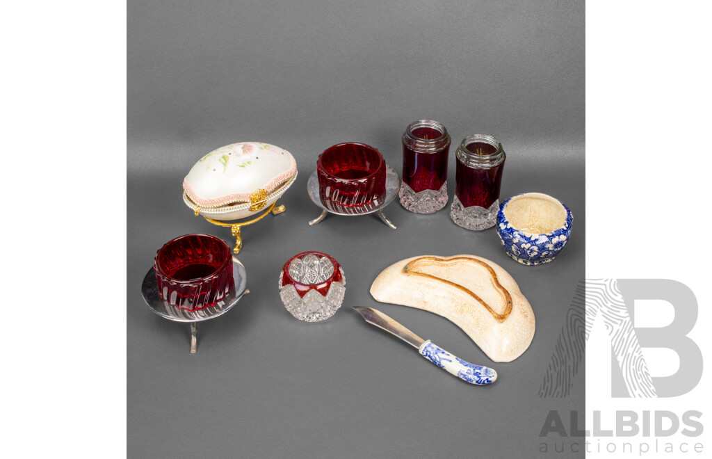 Collection of Antique Ruby Glass Condiment Holders with Japanese Dish, Knife, Bowl and Goose Egg Trinket Box