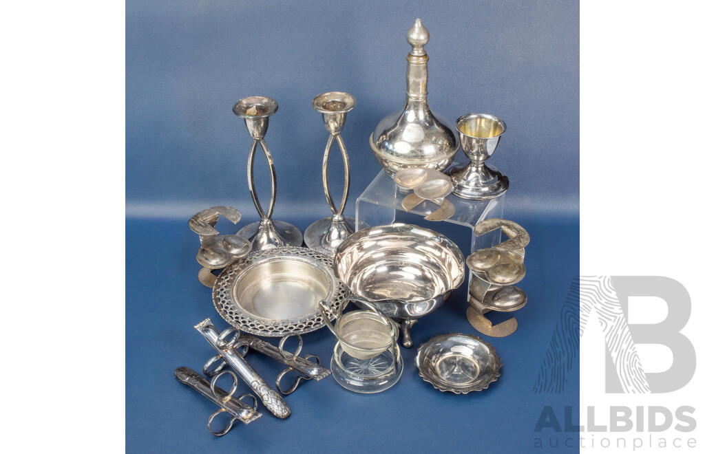 Collection of Vintage Silver Plate Table Pieces Including Egg Holders, Candlestick Pair, Unique Asparagus Tongs, Tea Strainer, Trinket Bowls