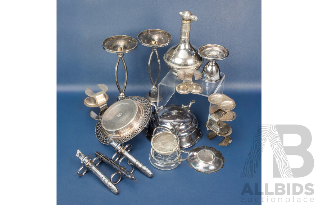 Collection of Vintage Silver Plate Table Pieces Including Egg Holders, Candlestick Pair, Unique Asparagus Tongs, Tea Strainer, Trinket Bowls