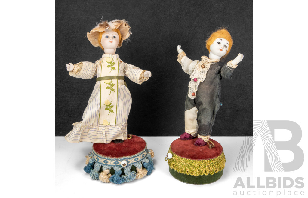 Pair of Antique Clockwork Automata Dancing Dolls, with Bisque Heads and Hands, Music Box Base