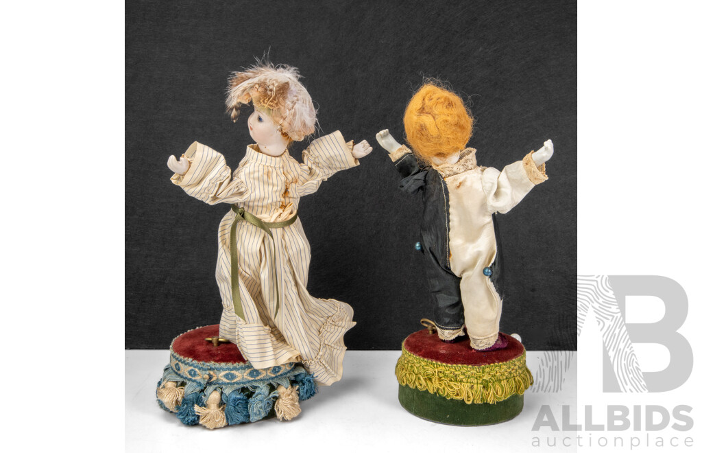 Pair of Antique Clockwork Automata Dancing Dolls, with Bisque Heads and Hands, Music Box Base