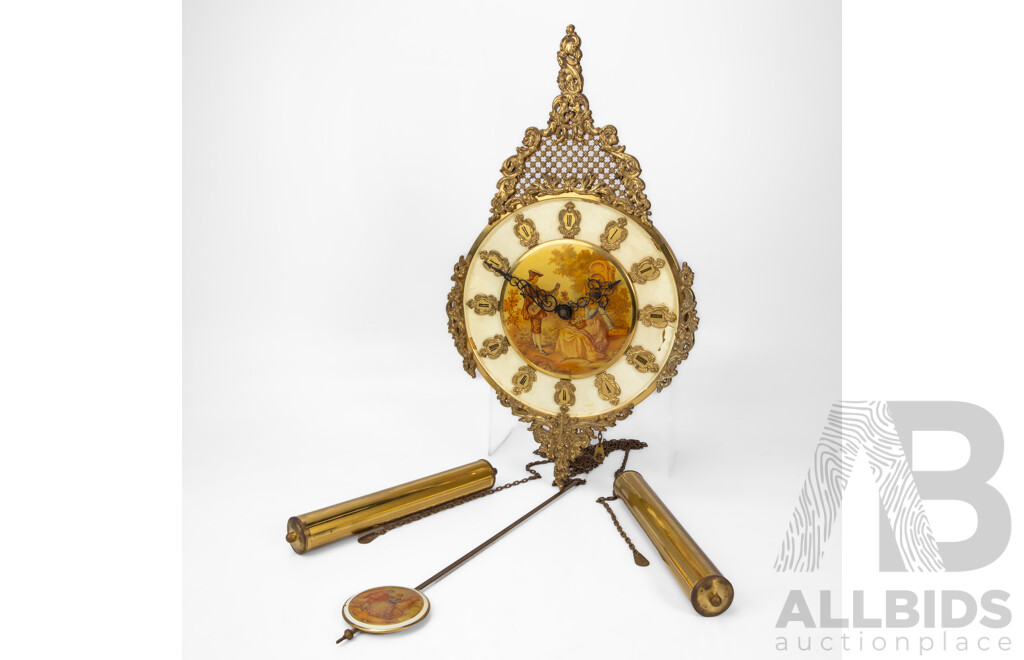 Vintage E.Schmeckenbecher Weight Driven Wall Clock, Ornate Gilt Metal Surround with Roman Numerals, Made in Germany