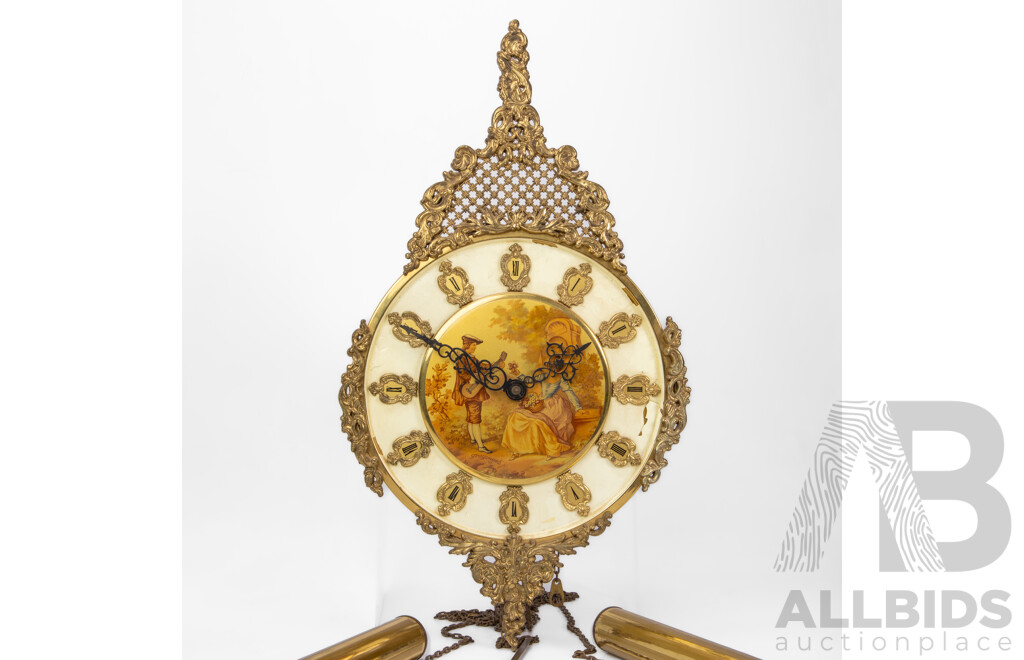 Vintage E.Schmeckenbecher Weight Driven Wall Clock, Ornate Gilt Metal Surround with Roman Numerals, Made in Germany