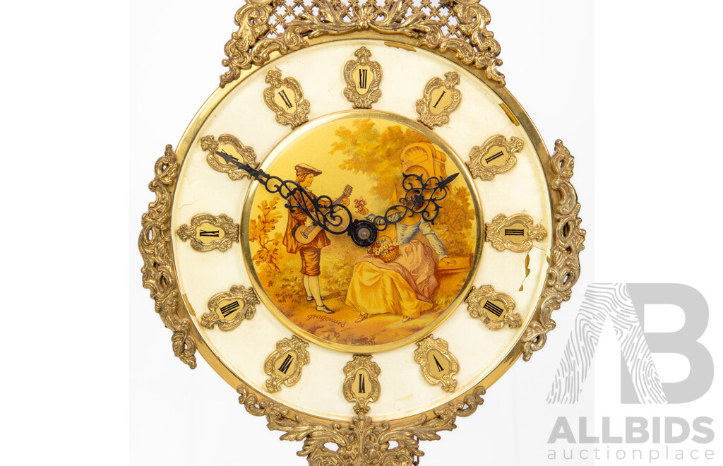 Vintage E.Schmeckenbecher Weight Driven Wall Clock, Ornate Gilt Metal Surround with Roman Numerals, Made in Germany