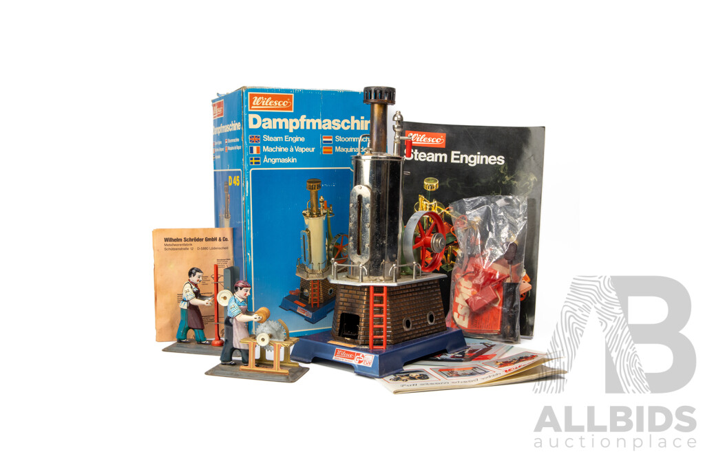 Vintage Wilesco Vertical Steam Engine with Carpenter Figures and Booklet in Original Box