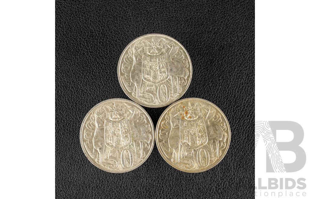 Three Australian 1966 Round Silver Fifty Cent Coins .800