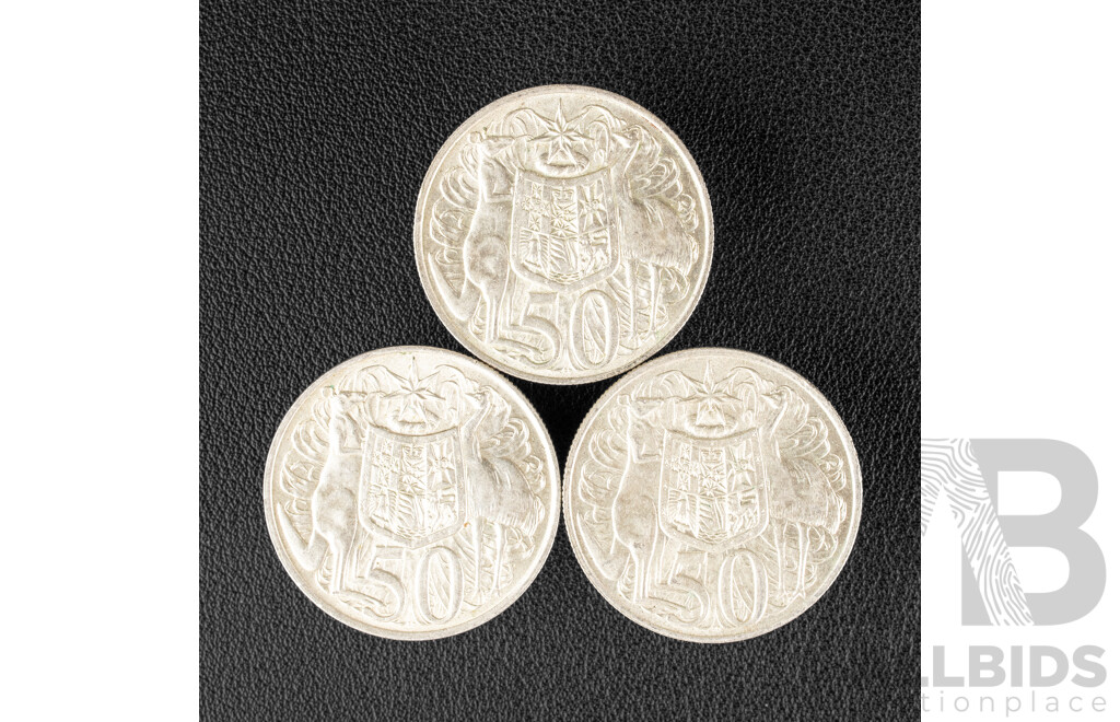 Three Australian 1966 Round Silver Fifty Cent Coins .800