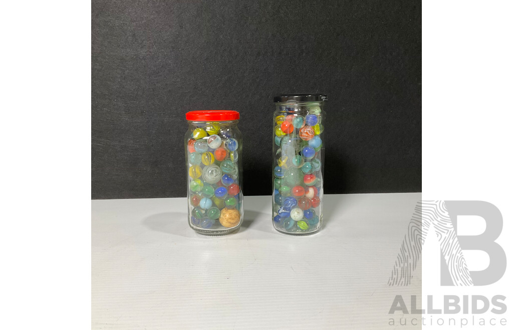 Two Jars of Vintage Marbles Including Cats Eyes and Jumbos