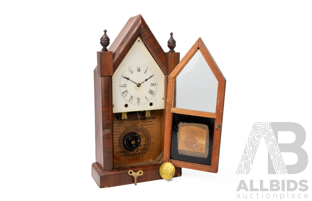 Antique Jerome & Co Steeple Mantle Clock in Walnut Veneer Case, Made in USA
