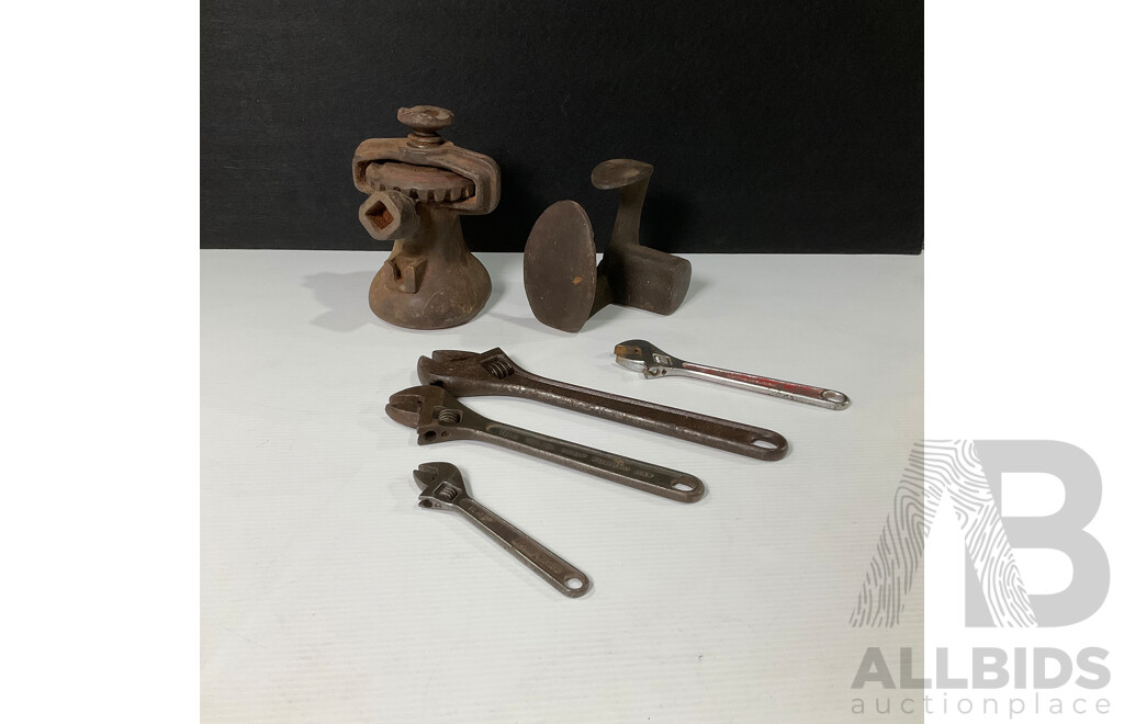 Four Vintage Adjustable Spanners Including Dowidat, Rothenberger, Deeland, Hazet with Cast Iron Cobblers Shoe Last and Winding Car Jack