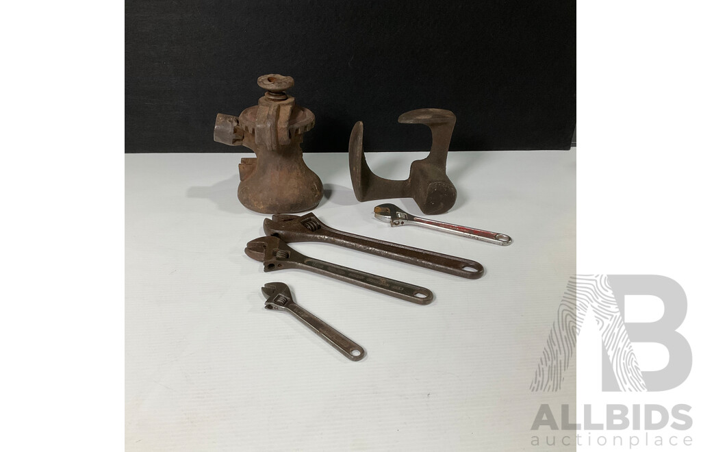 Four Vintage Adjustable Spanners Including Dowidat, Rothenberger, Deeland, Hazet with Cast Iron Cobblers Shoe Last and Winding Car Jack