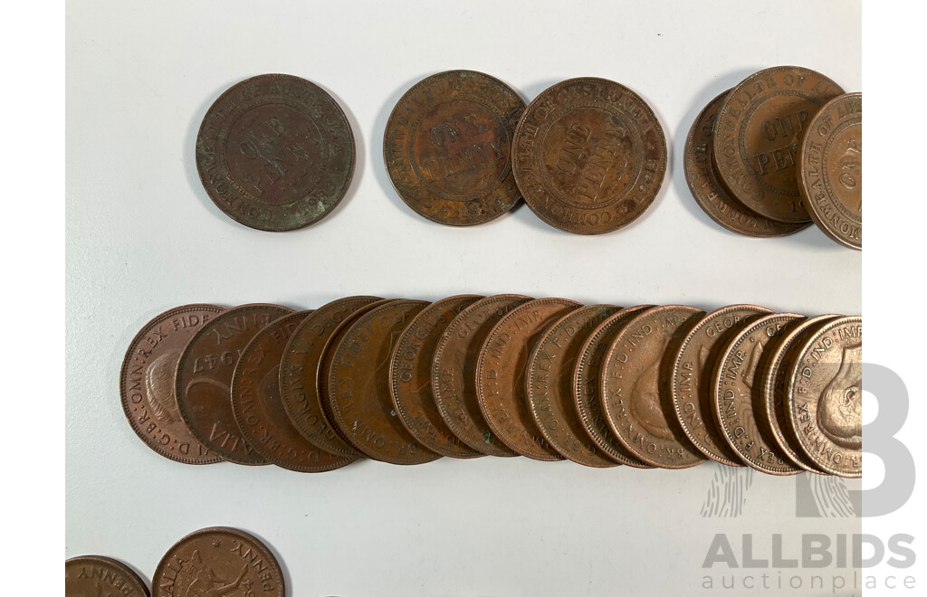 Collection of Australian Copper Coins Including Sixty Four Pennies Spanning 1912 to 1952, Thirty Six Half Pennies Spanning 1911 to 1964 Including 1912H, 1917I, 1939 Kangaroo Reverse...............