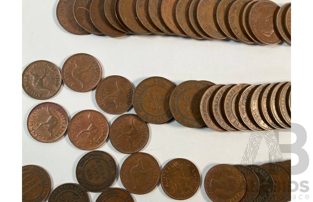 Collection of Australian Copper Coins Including Sixty Four Pennies Spanning 1912 to 1952, Thirty Six Half Pennies Spanning 1911 to 1964 Including 1912H, 1917I, 1939 Kangaroo Reverse...............