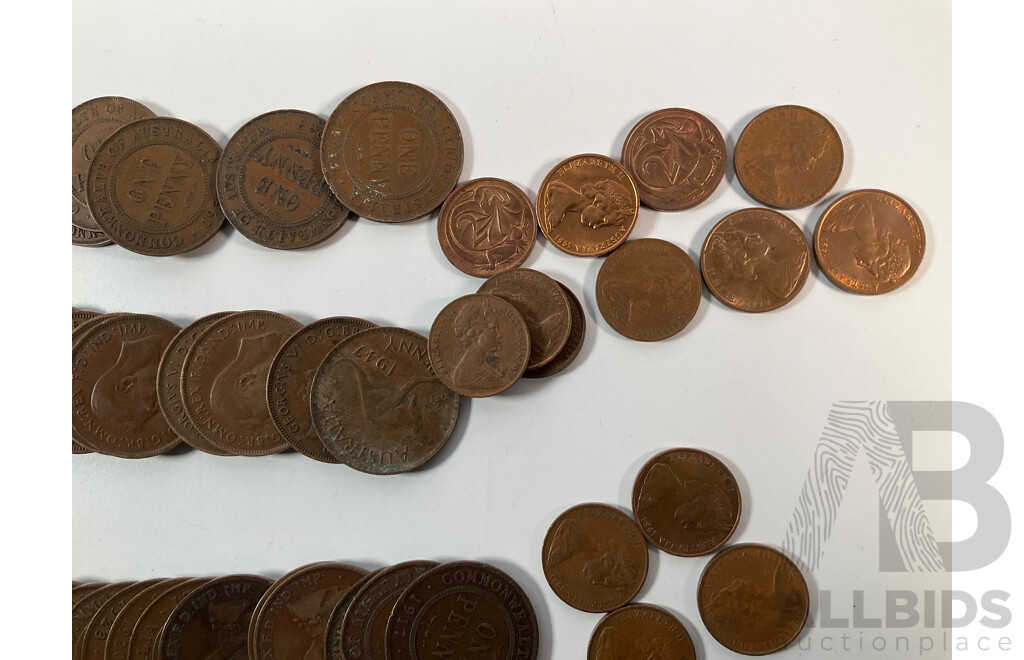 Collection of Australian Copper Coins Including Sixty Four Pennies Spanning 1912 to 1952, Thirty Six Half Pennies Spanning 1911 to 1964 Including 1912H, 1917I, 1939 Kangaroo Reverse...............