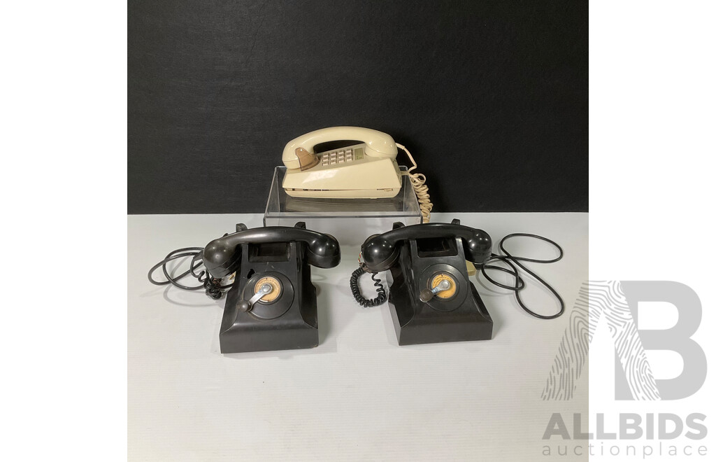Three Vintage Telephones Including Two Bakelite Magneto and Retro Wall Hung