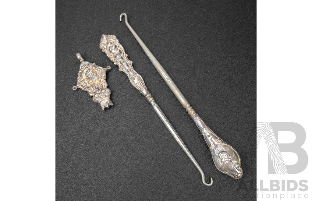 Two Antique Sterling Silver Handled Button Hooks with Sterling Silver Children's Rattle Handle 'Mama's Pet', Adie & Lovekin Ltd, Birmingham, 1913