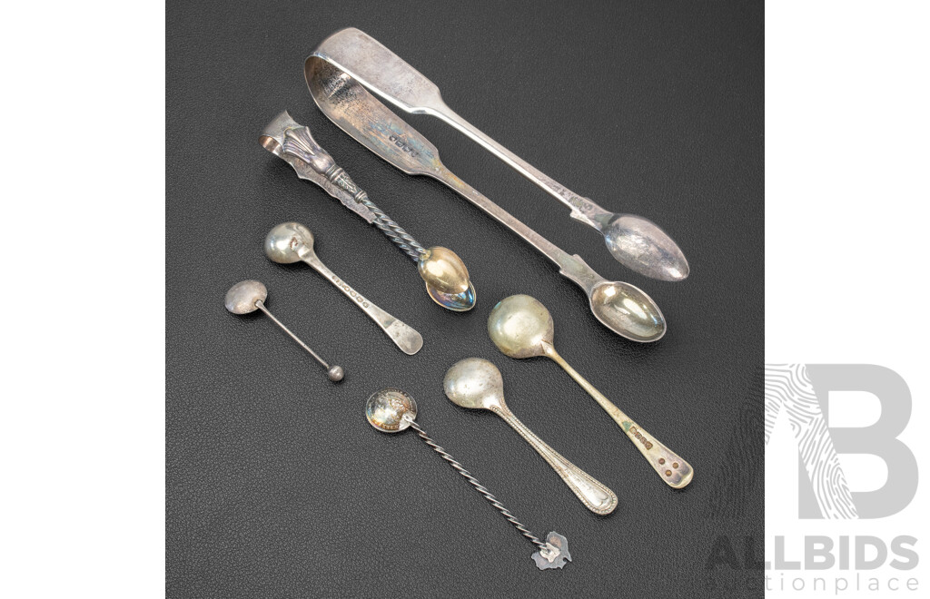 Two Sterling Silver Sugar Tongs, Two Silver Condiment Spoons Including Bespoke Australian 1921M Silver Threepence Spoon, Three Vintage Silver Plate Examples