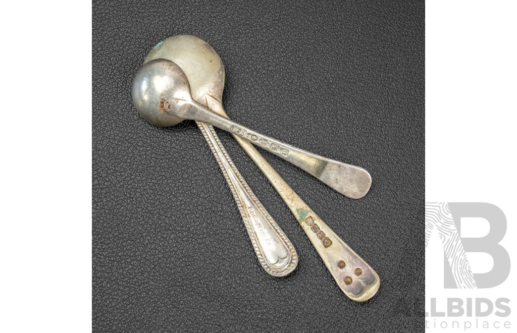 Two Sterling Silver Sugar Tongs, Two Silver Condiment Spoons Including Bespoke Australian 1921M Silver Threepence Spoon, Three Vintage Silver Plate Examples