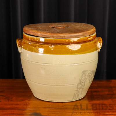 Large Vintage Glazed Ceramic Jar with Turned Timber Lid