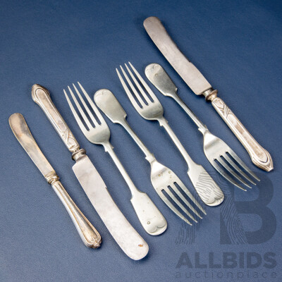 Vintage Silver Butter Knife, Sheffield with Two Silver Plate Knives, Four Walker & Hall Sonora Silver Forks