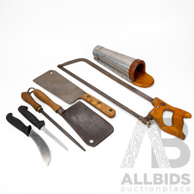 Collection of Vintage Butchers Tools Including Knife Bucket, Henry Boker Meat Saw, Brades and W.Gilpin Wedge-Mills Meat Clevers, Frosts and Mundial Knives, Sharpening Steel