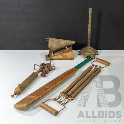 Collection of Vintage Items Including Child's Willow BBL Boundary Cricket Bat, Made in Pakistan, Darlton Brass Soldering Iron, Bee Smoker, Three Spring Chest Exerciser, Asian Cast Metal Stand