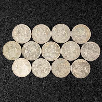Thirteen Australian KGVI/QE2 Silver Sixpence, Examples Spanning 1948 to 1962 .500
