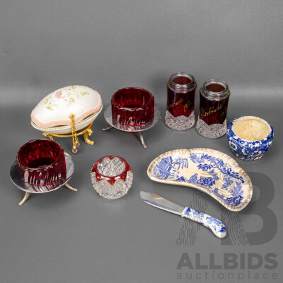 Collection of Antique Ruby Glass Condiment Holders with Japanese Dish, Knife, Bowl and Goose Egg Trinket Box