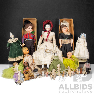 Antique and Vintage Dolls Including Two Armand Marseille 390 Bisque with Original Boxes, Three Kewpie Dolls, Victorian Pocelain Face with Bonnet, Box of Small Porcelain/Ceramic Dolls, Figurines, Animals
