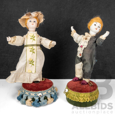Pair of Antique Clockwork Automata Dancing Dolls, with Bisque Heads and Hands, Music Box Base